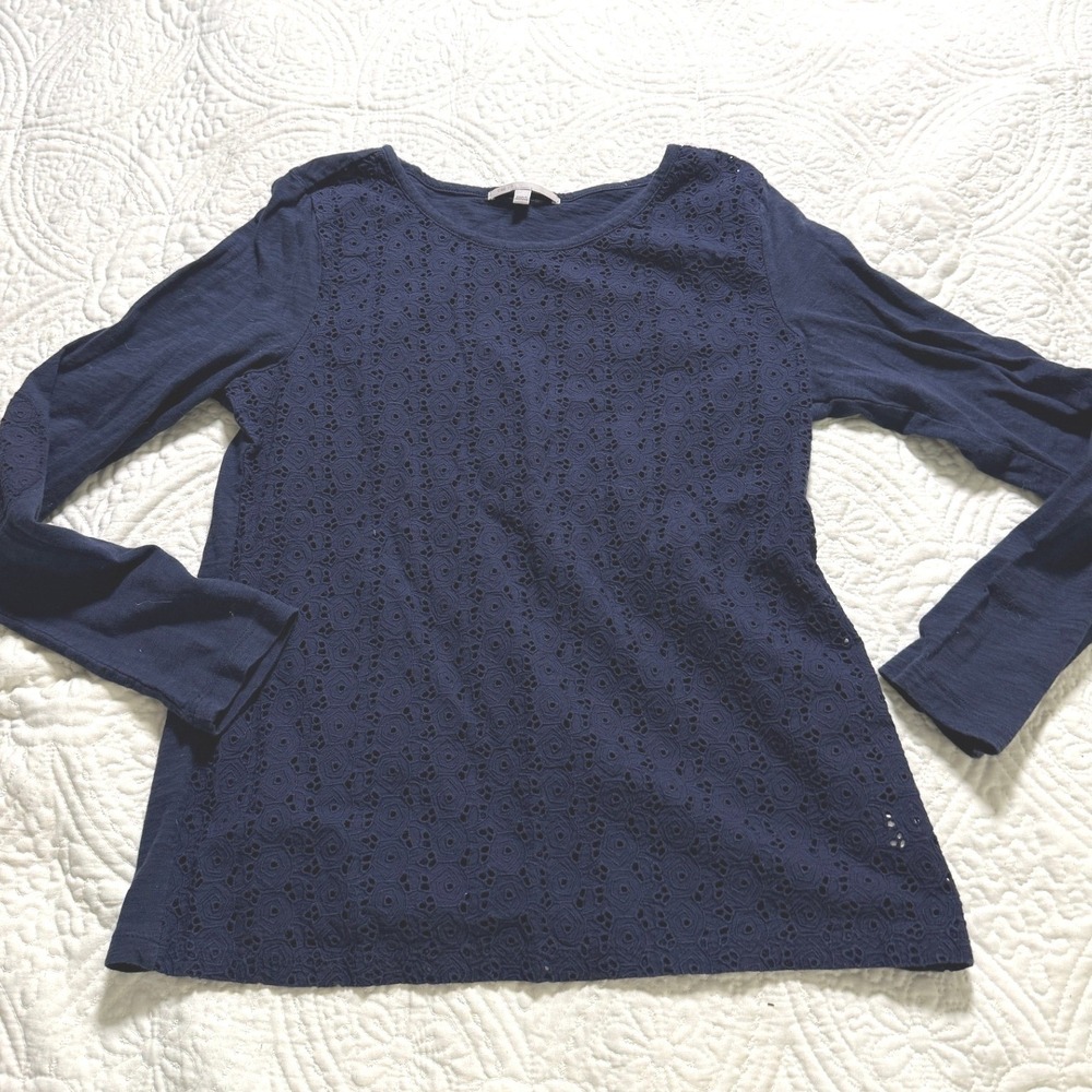 Gap Eyelet Lace Front Top Wms S Navy Blue Long Sleeve Jersey back Blouse Preppy
